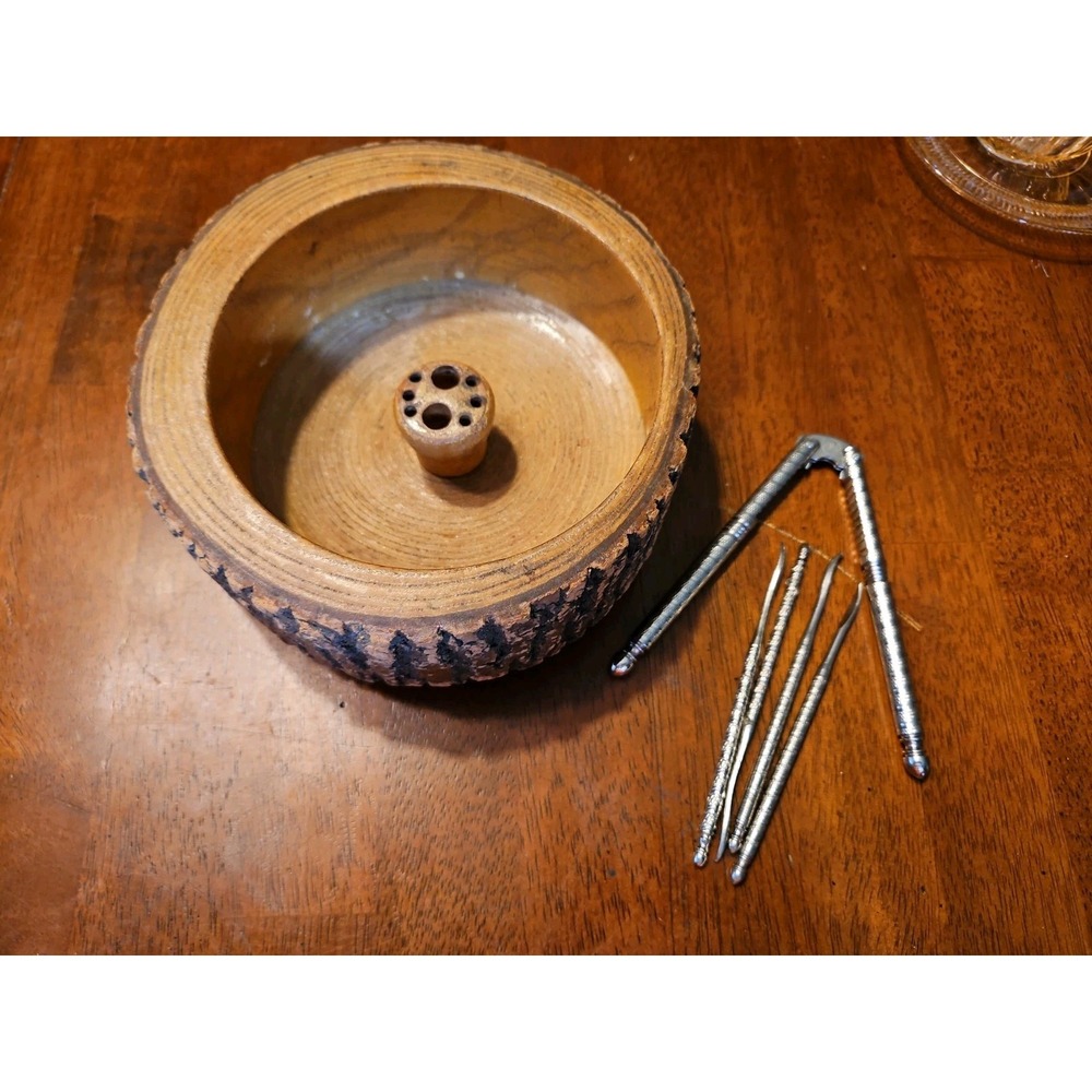 Vintage ?Elwood Rusticware Wooden Nut Bowl / Silver Nutcracker & Picks